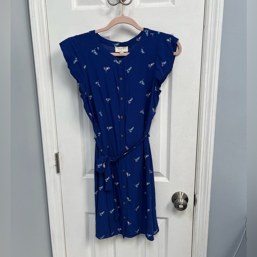 LOFT Outlet Women Dress Petite 4P Blue Floral Button Down Shirt Dress whimsical